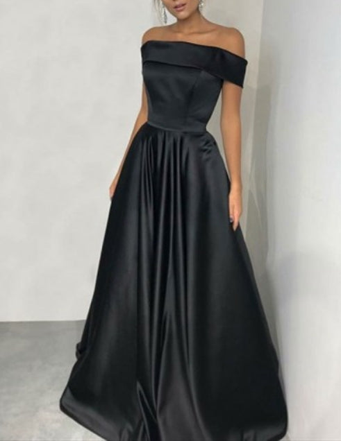Simple A Line Navy Blue Off The Shoulder Sleeveless Satin Prom Dress