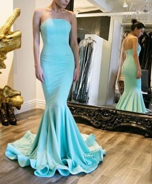 Light Blue Strapless Sleeveless Mermaid Prom Dress With Train