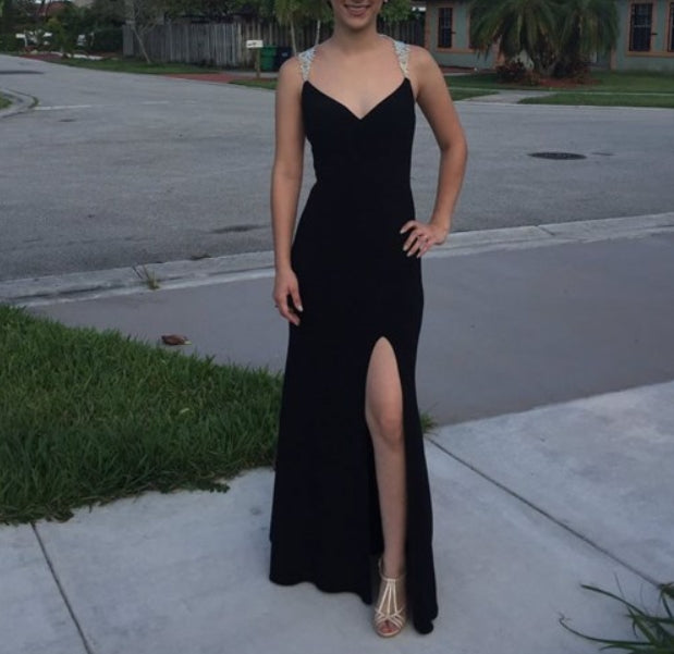 Black Embellished Sheer Back Long Prom Dress With Side Cutouts