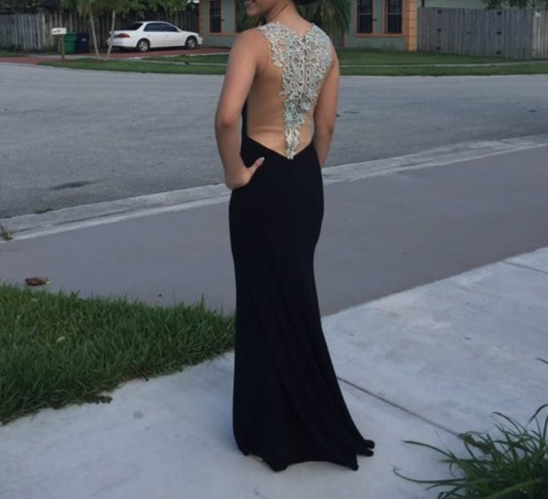 Black Embellished Sheer Back Long Prom Dress With Side Cutouts