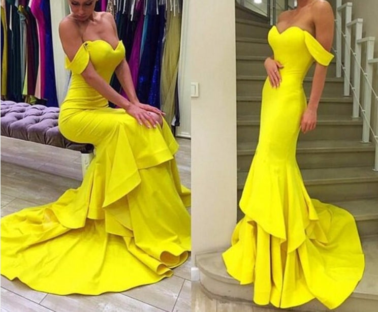 Yellow Off The Shoulder Mermaid Long Formal Prom Dress With Train