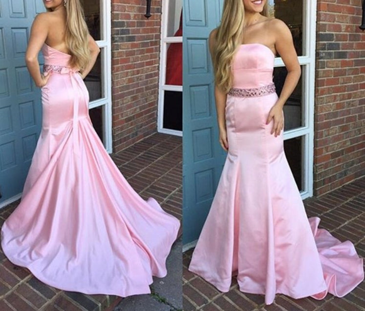 Pink Strapless Mermaid Long Prom Dress With Beaded Waist