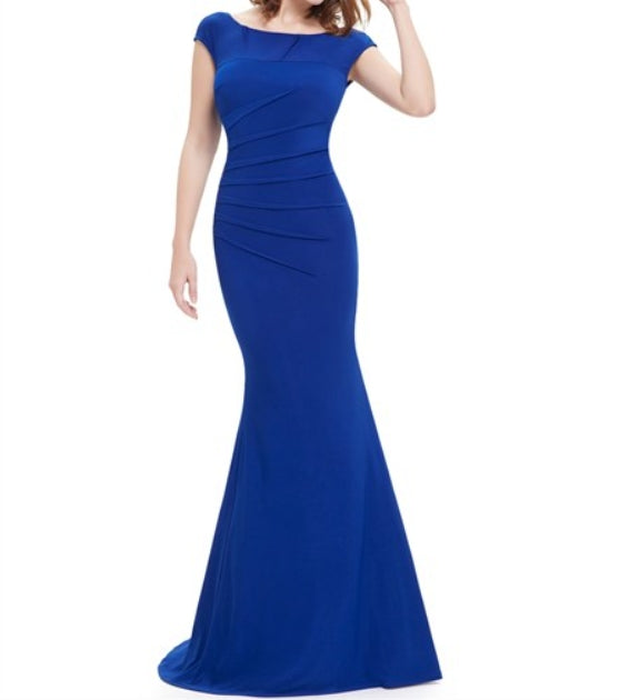 Elegant Royal Blue Cap Sleeves Mermaid Prom Dress With Open Back