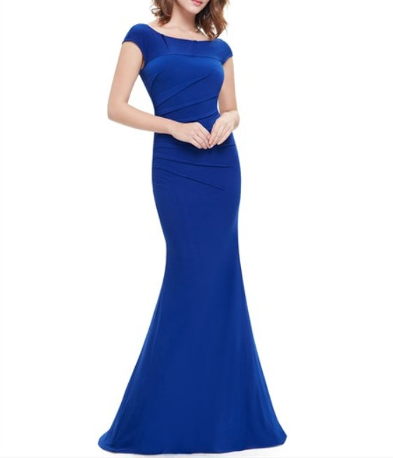 Elegant Royal Blue Cap Sleeves Mermaid Prom Dress With Open Back