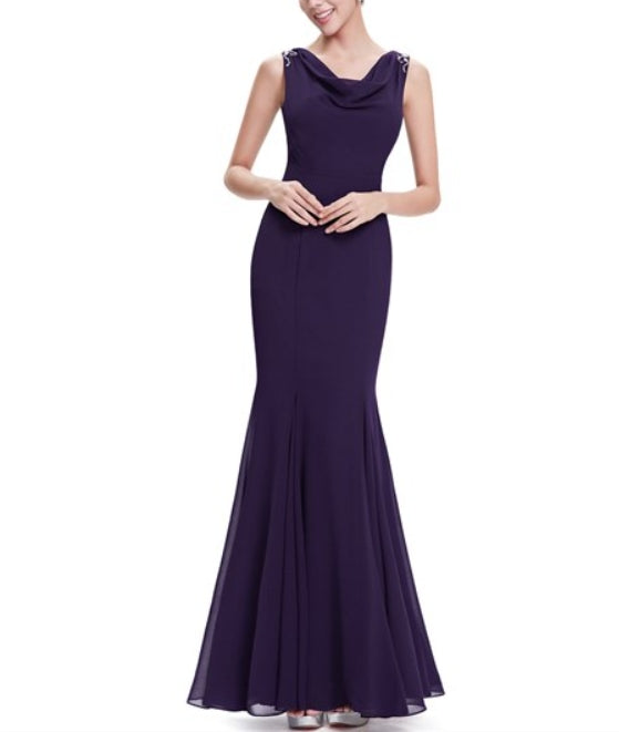 Purple Mermaid Cowl Neck Chiffon Prom Dresses With Beaded Straps