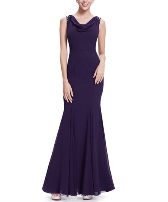 Purple Mermaid Cowl Neck Chiffon Prom Dresses With Beaded Straps