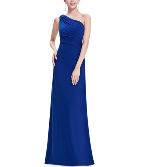 Royal Blue One Shoulder Sheath Prom Dress With Ruffle Back