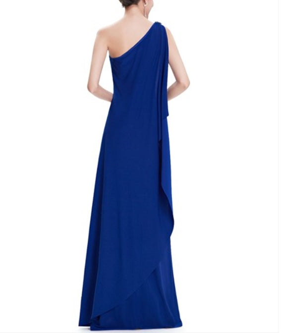 Royal Blue One Shoulder Sheath Prom Dress With Ruffle Back