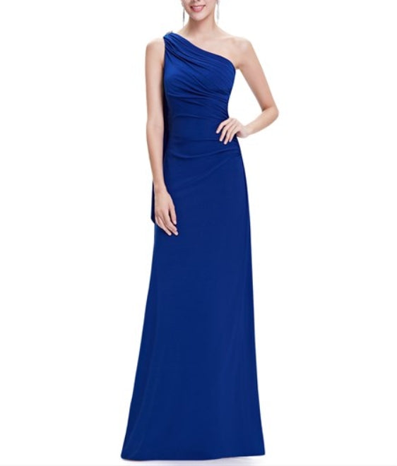 Royal Blue One Shoulder Sheath Prom Dress With Ruffle Back