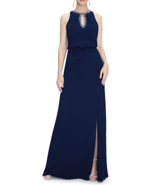 Navy Blue Chiffon Jewelled Neckline Prom Dress With Keyhole Detail