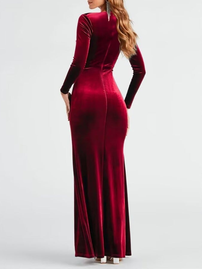 Long Sleeve Velvet Prom Dresses with Slit for Women Cowl Neck Ruched Christmas Party Dress