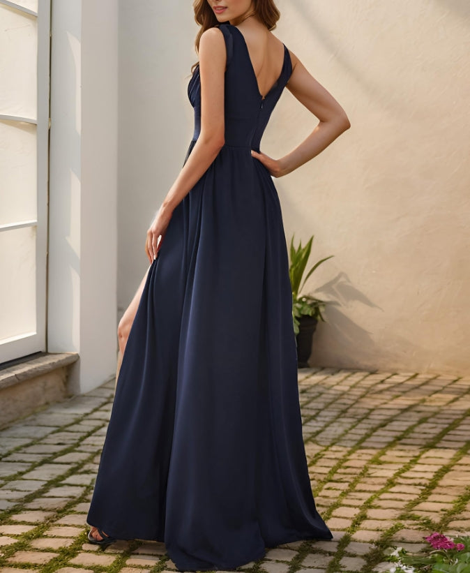 Navy Blue Women's Prom Dresses Deep V-Neck Sleeveless Side Slit Floor Length Wedding Guest Dress