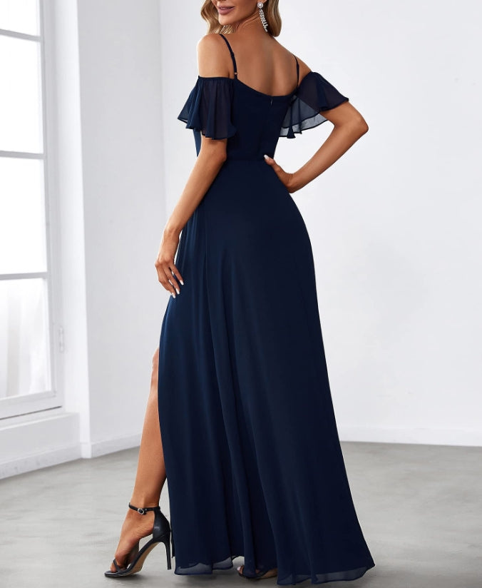 Navy Blue Women's Formal Dresses Off Shoulder Short Sleeve Split A-Line Floor Length Prom Dresses