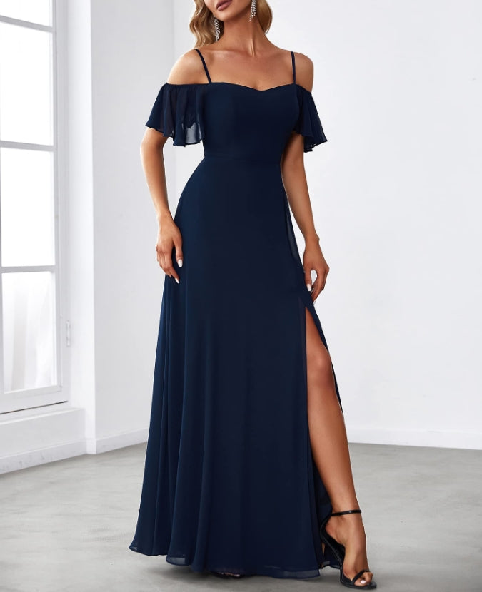Navy Blue Women's Formal Dresses Off Shoulder Short Sleeve Split A-Line Floor Length Prom Dresses
