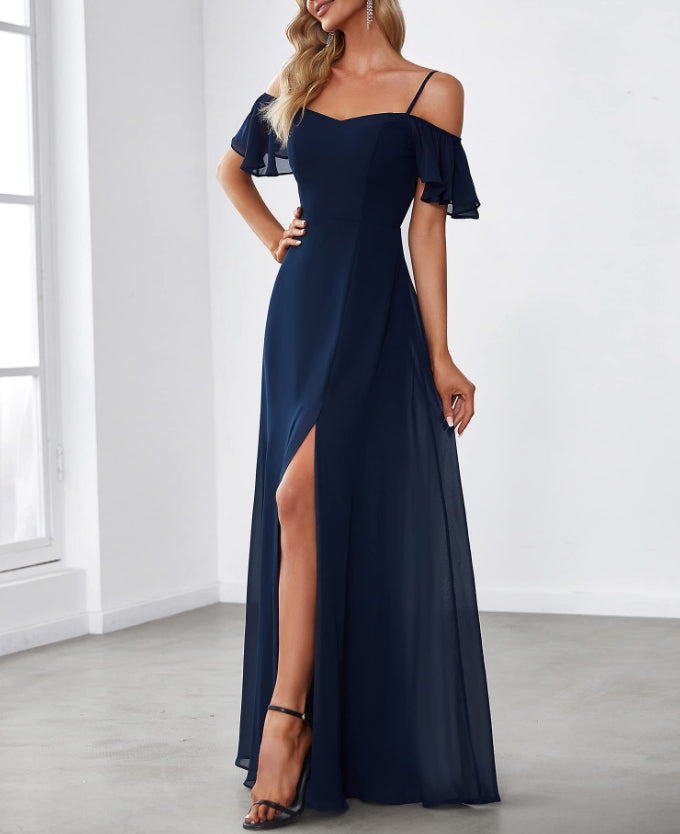 Navy Blue Women's Formal Dresses Off Shoulder Short Sleeve Split A-Line Floor Length Prom Dresses
