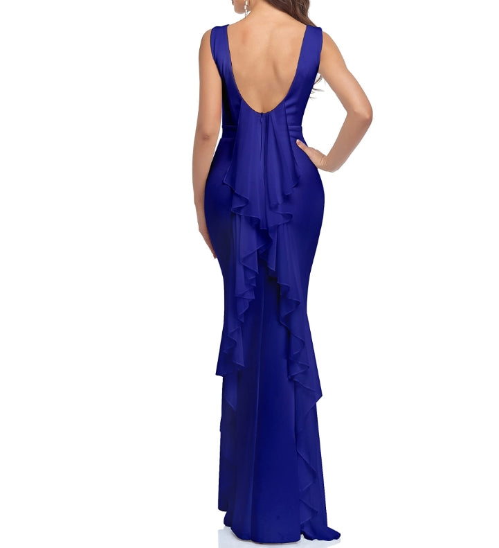 Royal Blue Women's Back Ruffled Bodycon Mermaid Prom Cocktail Long Formal Maxi Dress