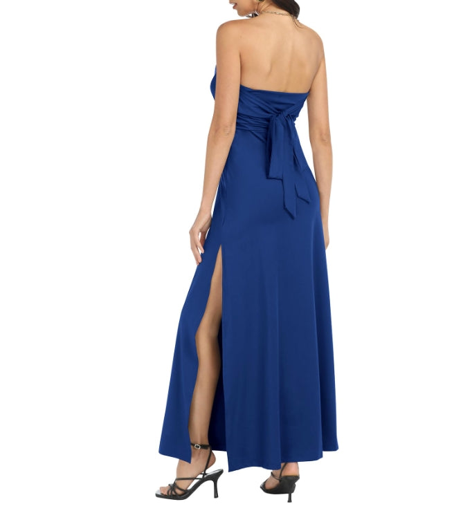 Navy Blue Womens Tube Top Maxi Long Prom Dresses Strapless Halter Satin Slit Formal Wedding Guest Dress