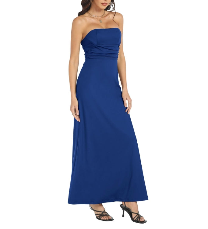 Navy Blue Womens Tube Top Maxi Long Prom Dresses Strapless Halter Satin Slit Formal Wedding Guest Dress