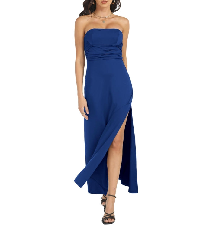 Navy Blue Womens Tube Top Maxi Long Prom Dresses Strapless Halter Satin Slit Formal Wedding Guest Dress