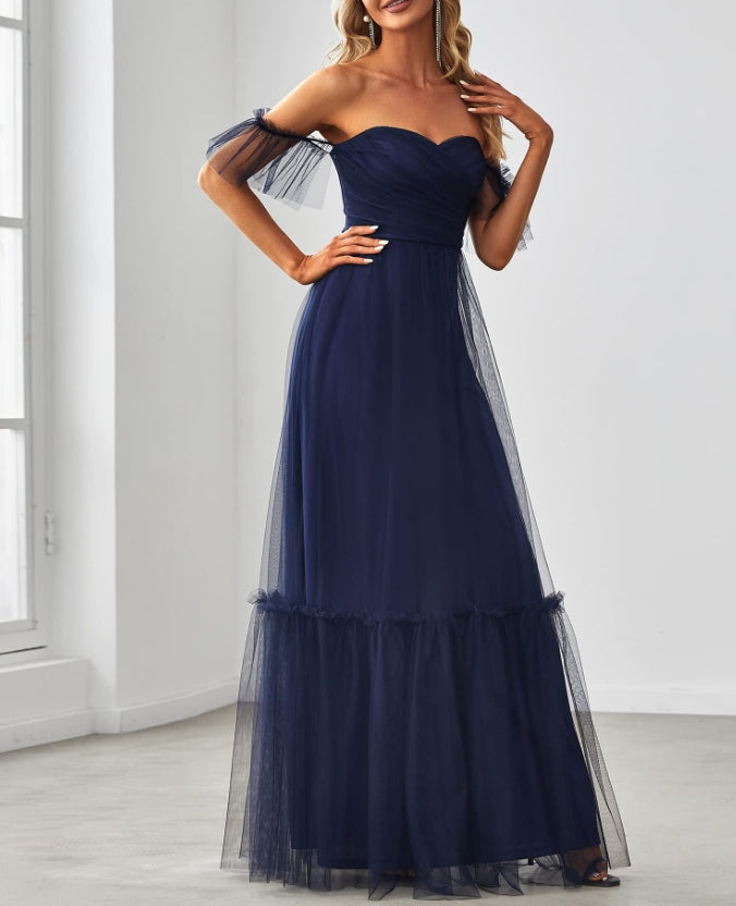 Navy Blue Women's Formal Dress Sweetheart Off-Shoulder Ruched Tulle Maxi Prom Dresses