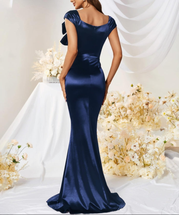 Navy Blue Women Style Retro Cap Sleeve Square Neck Satin Prom Long Maxi Dress