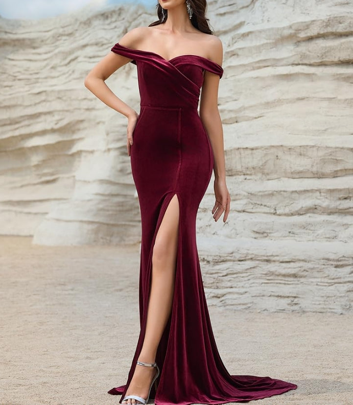 Burgundy Women's Velvet Off The Shoulder Mermaid Prom Dresses Formal Gowns