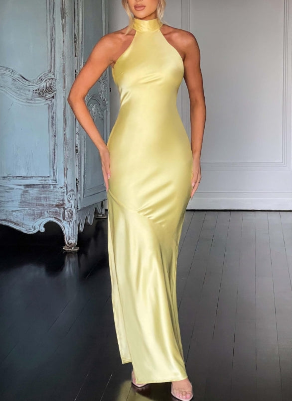 Satin Mermaid Prom Dresses Halter Evening Dress Backless Formal Party Dress Long with Slit