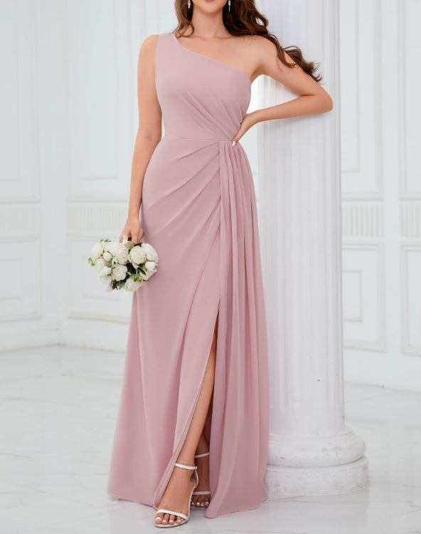 One Shoulder Prom Dresses for Women Ruched Chiffon A Line Evening Formal Gown with Slit
