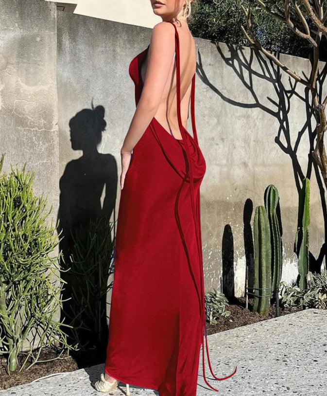 Burgundy Spaghetti Strap Backless Long Formal Prom Dress