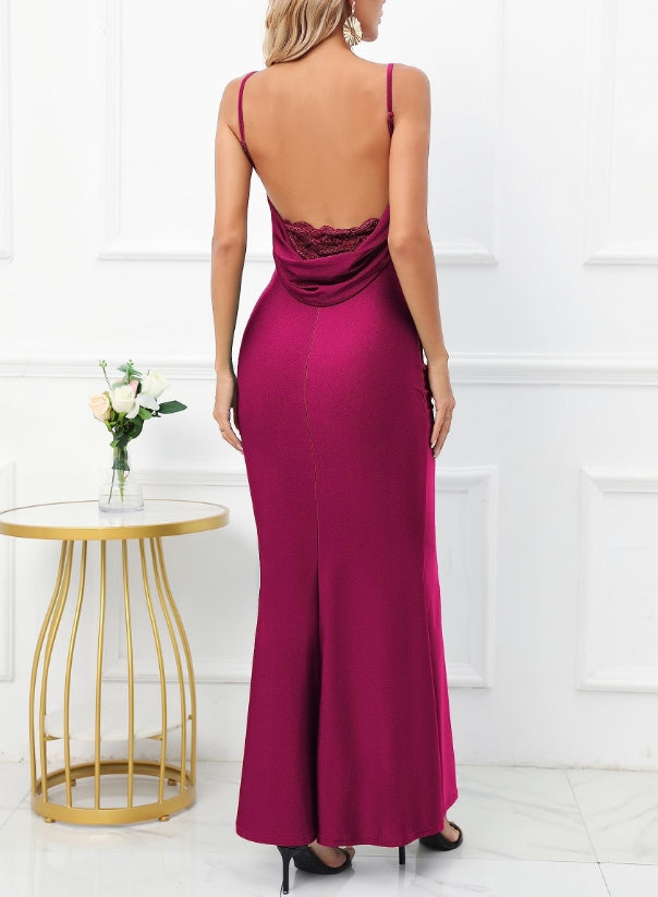Rose Red Women Drape Neck Formal Maxi Dresses Lace Backless Cocktail Party Dress Spaghetti Straps Mermaid Prom Gown