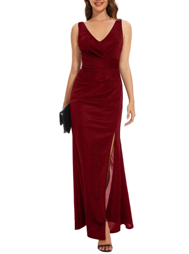 Burgundy V Neck Mermaid Prom Dress with Slit Long Cocktail Dress for Women Split Ruching Wedding Guests Dress