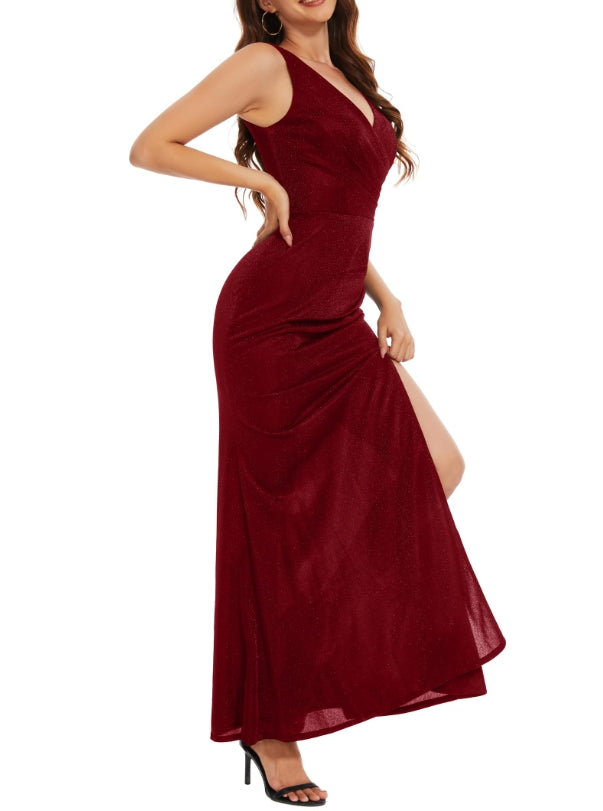 Burgundy V Neck Mermaid Prom Dress with Slit Long Cocktail Dress for Women Split Ruching Wedding Guests Dress