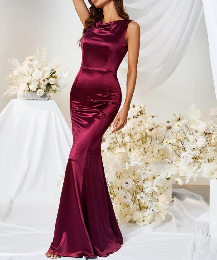 Elegant Burgundy Backless Formal Prom Dress Mermaid Sleeveless Gowns