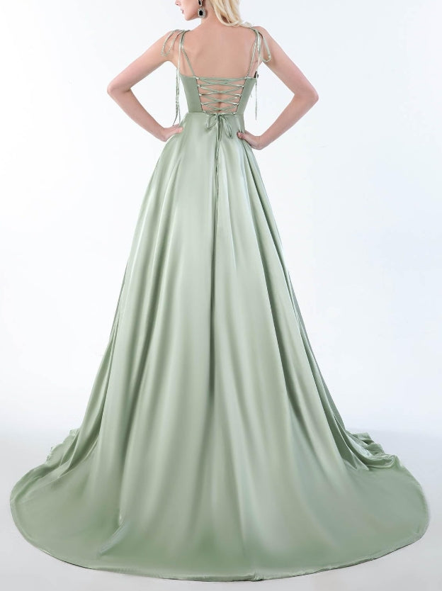 Spaghetti Straps Satin Prom Dresses Long Party Dresses with Slit Backless Formal Evening Gowns