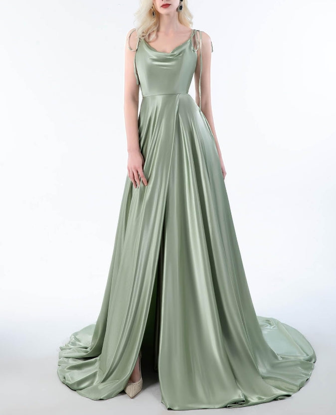 Spaghetti Straps Satin Prom Dresses Long Party Dresses with Slit Backless Formal Evening Gowns