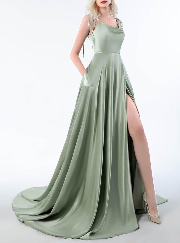 Spaghetti Straps Satin Prom Dresses Long Party Dresses with Slit Backless Formal Evening Gowns