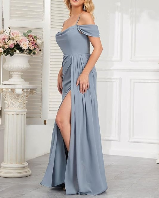 Women‘s Off The Shoulder Prom Dresses Long Pleated Chiffon Long Formal  Bridesmaid Gown with Slit