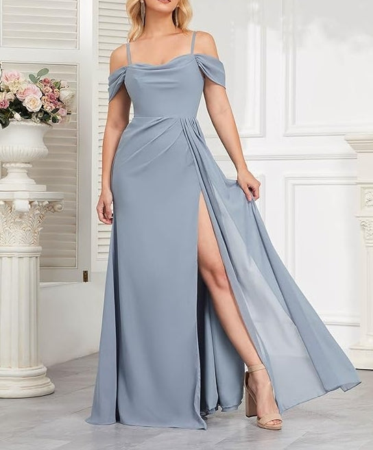 Women‘s Off The Shoulder Prom Dresses Long Pleated Chiffon Long Formal  Bridesmaid Gown with Slit