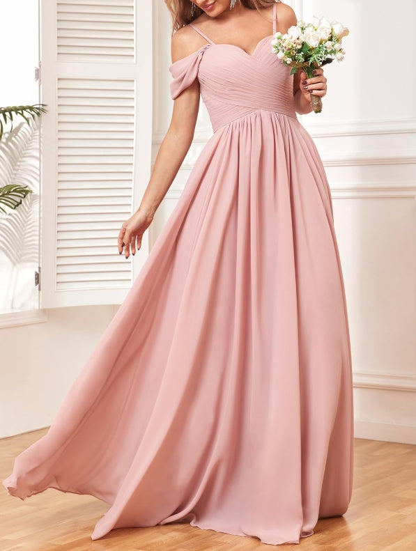 Off The Shoulder Prom Dresses with Long Chiffon Pleated Formal Bridesmaid Dress for Women