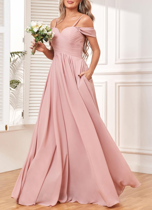 Off The Shoulder Prom Dresses with Long Chiffon Pleated Formal Bridesmaid Dress for Women