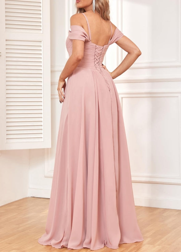 Off The Shoulder Prom Dresses with Long Chiffon Pleated Formal Bridesmaid Dress for Women