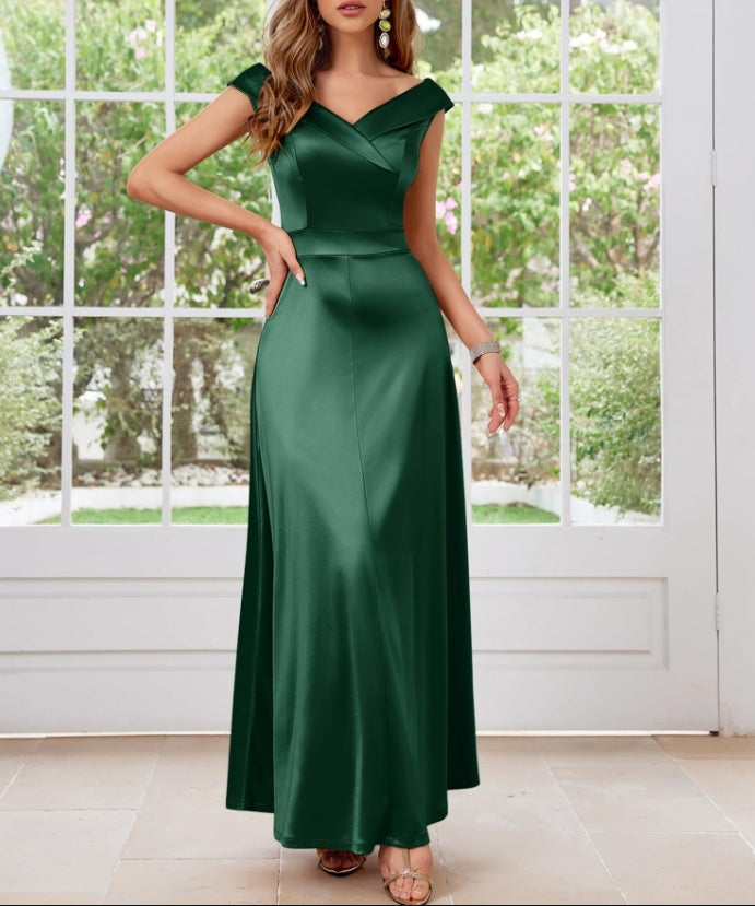 Dark Green Women's Vintage V Neck Satin Cocktail Prom Floor Length Dress