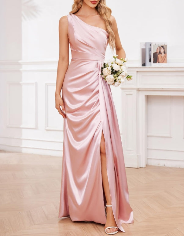 One Shoulder Prom Dresses for Women Mermaid Satin Bridesmaid Dress Long with Slit Formal Evening Gown