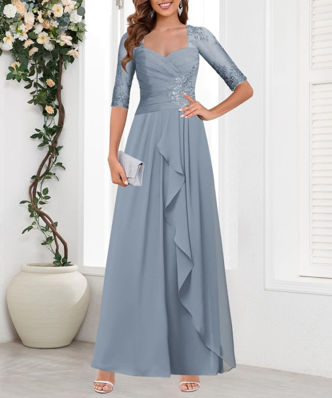 Lace Applique Long Prom Chiffon Ruffle Formal Evening Gown with Sleeves