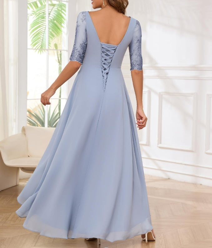 Lace Applique Long Prom Chiffon Ruffle Formal Evening Gown with Sleeves
