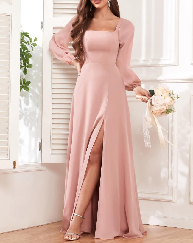 Women's Chiffon Long Sleeve Prom Dresses with Slit A Line Formal Wedding Guest Gowns