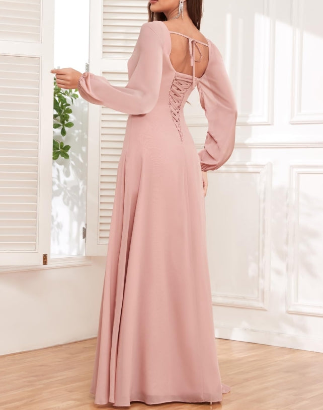 Women's Chiffon Long Sleeve Prom Dresses with Slit A Line Formal Wedding Guest Gowns
