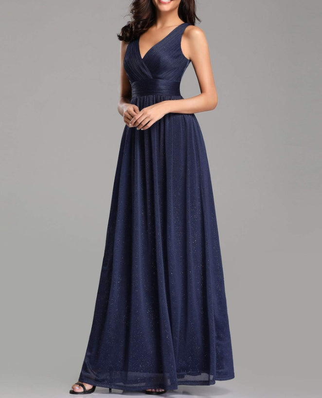 Navy Blue Women's V-Neck High Wasit Glitter Maxi Prom Dress