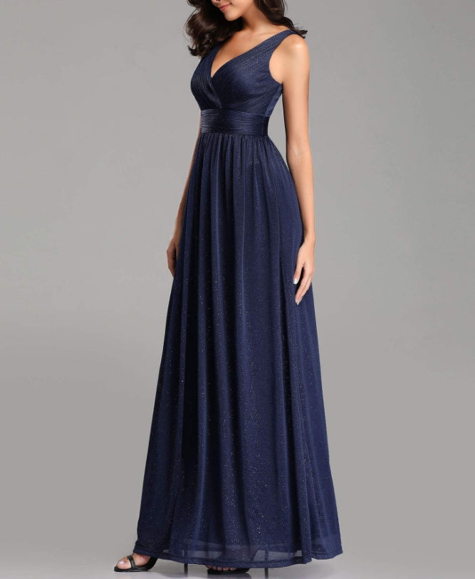 Navy Blue Women's V-Neck High Wasit Glitter Maxi Prom Dress