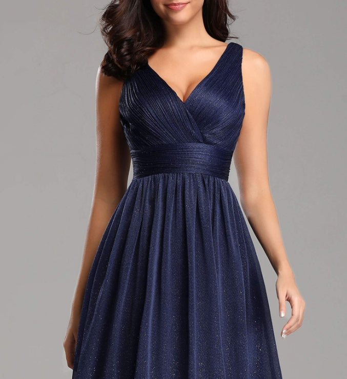 Navy Blue Women's V-Neck High Wasit Glitter Maxi Prom Dress